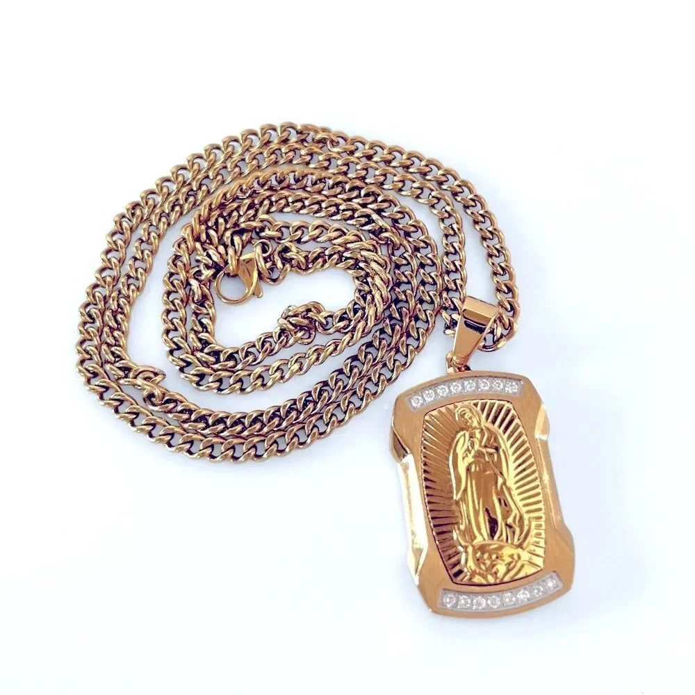 Our Lady Of Guadalupe White Diamond Stainless Steel Dog Tag Pendant Necklace